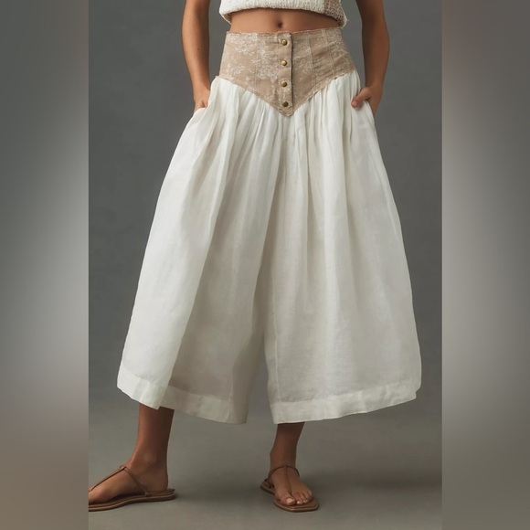 NWT By Anthropologie Linen Jacquard Basque-Waist Culottes